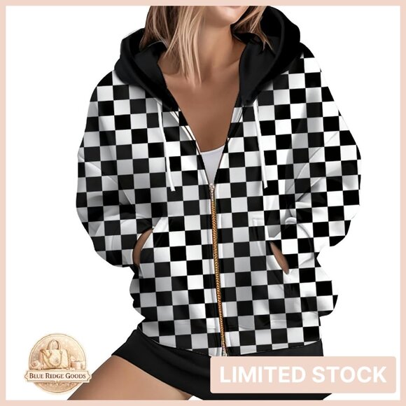 Zip Front Plaid Hoodie Oversized Y2K Retro Chic Casual Long Sleeve Sweatshirt